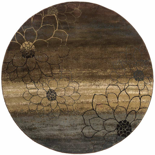 8' Brown Round Floral Power Loom Stain Resistant Area Rug - Homeroots - Flyclothing LLC