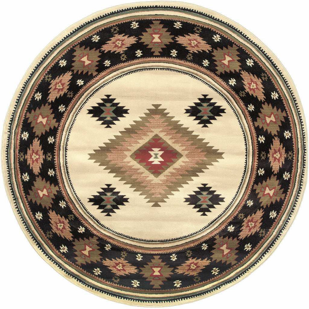 8' Beige Round Southwestern Power Loom Stain Resistant Area Rug - Homeroots - Flyclothing LLC