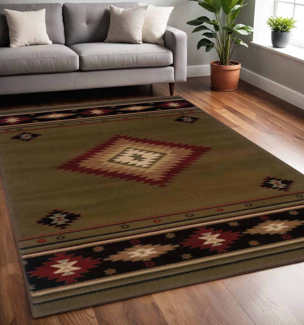 5' X 8' Green Southwestern Power Loom Stain Resistant Area Rug - Homeroots - Flyclothing LLC