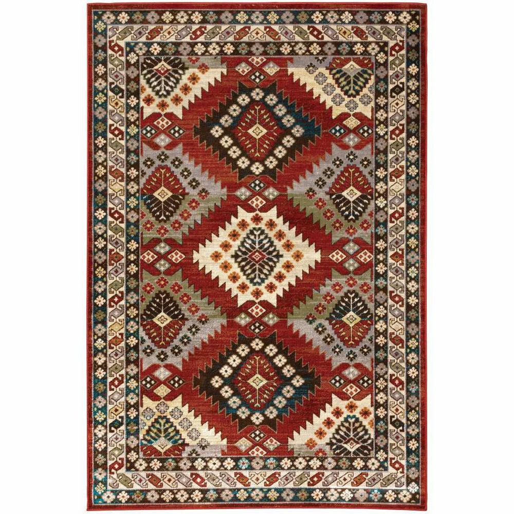 10' X 13' Red Deep Teal Ivory Grey And Green Southwestern Power Loom Stain Resistant Area Rug - Homeroots - Flyclothing LLC