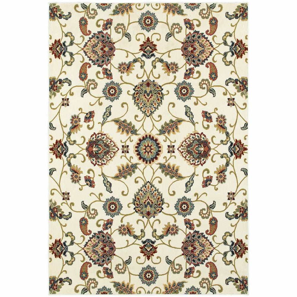 4' X 6' Ivory Green Blue Red Salmon And Yellow Floral Power Loom Stain Resistant Area Rug - Homeroots - Flyclothing LLC