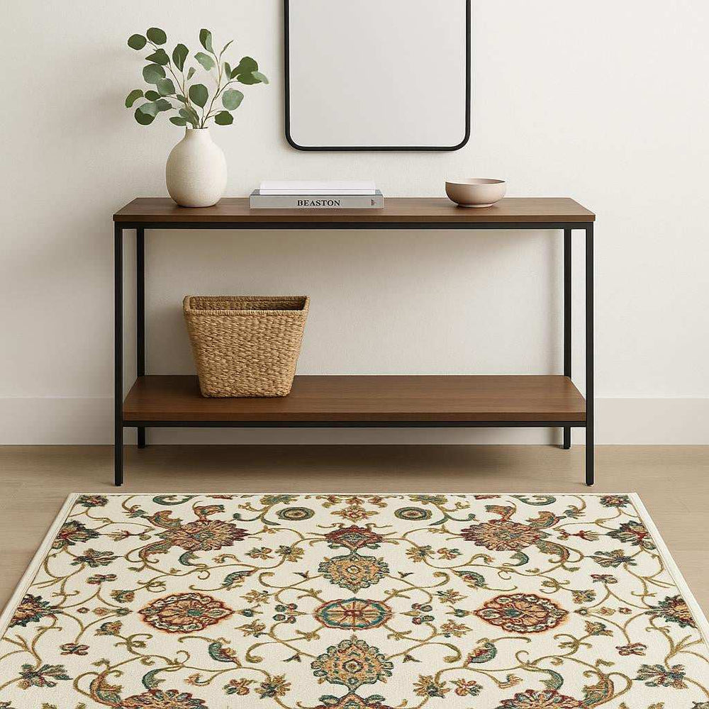 4' X 6' Ivory Green Blue Red Salmon And Yellow Floral Power Loom Stain Resistant Area Rug - Homeroots - Flyclothing LLC