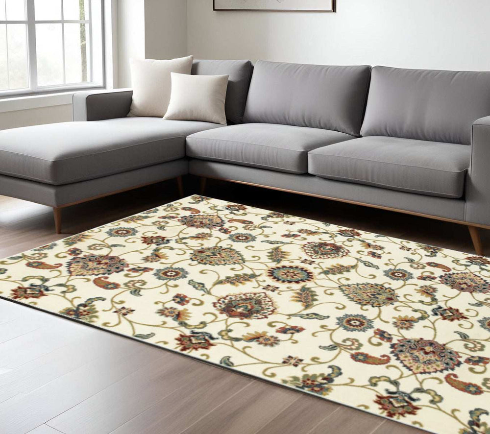 8' X 11' Ivory Green Blue Red Salmon And Yellow Floral Power Loom Stain Resistant Area Rug - Homeroots - Flyclothing LLC