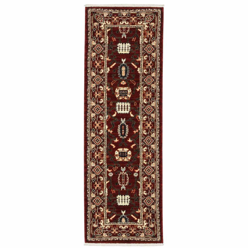 2' X 6' Red Black Ivory And Brown Oriental Power Loom Stain Resistant Runner Rug With Fringe - Homeroots - Flyclothing LLC