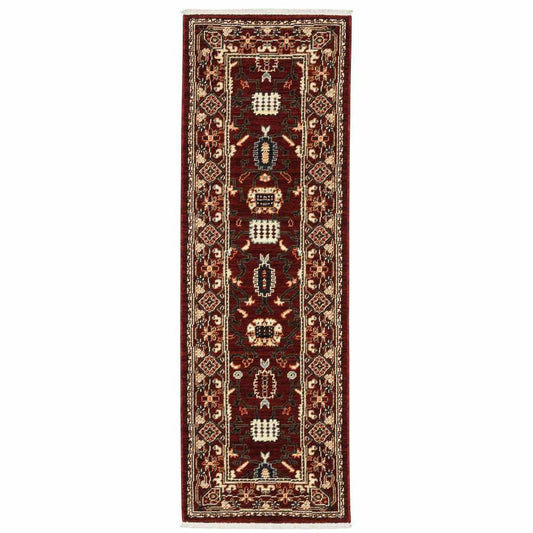 2' X 6' Red Black Ivory And Brown Oriental Power Loom Stain Resistant Runner Rug With Fringe - Homeroots - Flyclothing LLC