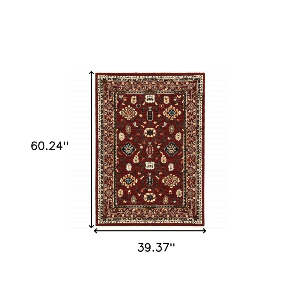 3' X 5' Red Black Ivory And Brown Oriental Power Loom Stain Resistant Area Rug With Fringe - Homeroots - Flyclothing LLC