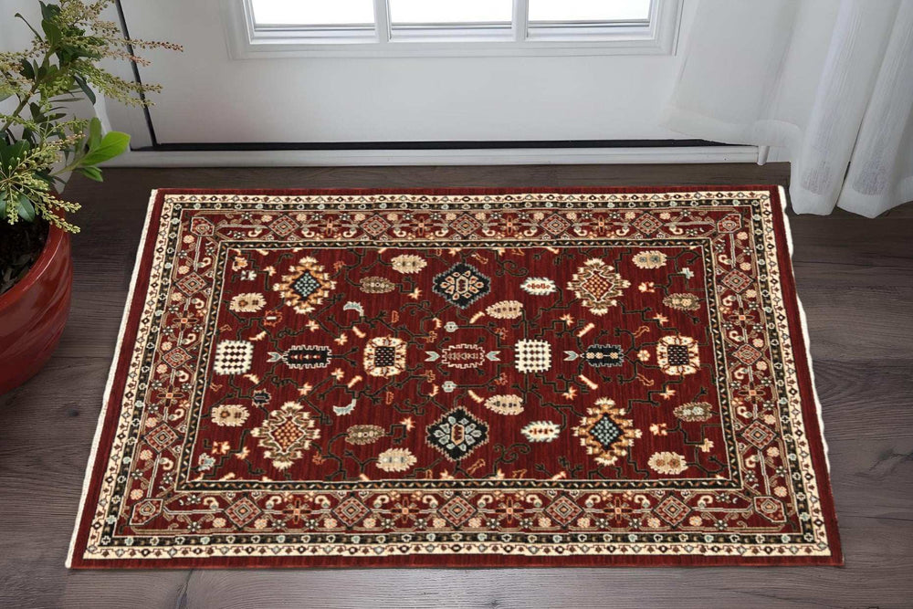 3' X 5' Red Black Ivory And Brown Oriental Power Loom Stain Resistant Area Rug With Fringe - Homeroots - Flyclothing LLC