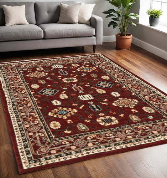 5' X 8' Red And Black Oriental Power Loom Area Rug With Fringe - Homeroots - Flyclothing LLC