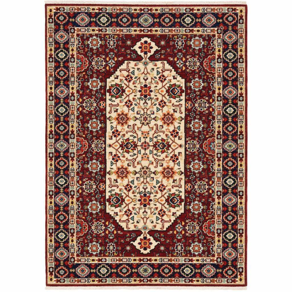 2' X 3' Red Ivory Blue And Orange Oriental Power Loom Stain Resistant Area Rug With Fringe - Homeroots - Flyclothing LLC