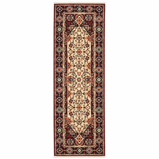 2' X 6' Red Ivory Blue And Orange Oriental Power Loom Stain Resistant Runner Rug With Fringe - Homeroots - Flyclothing LLC