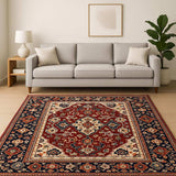 8' X 11' Red Blue Orange And Beige Oriental Power Loom Stain Resistant Area Rug With Fringe - Homeroots - Flyclothing LLC