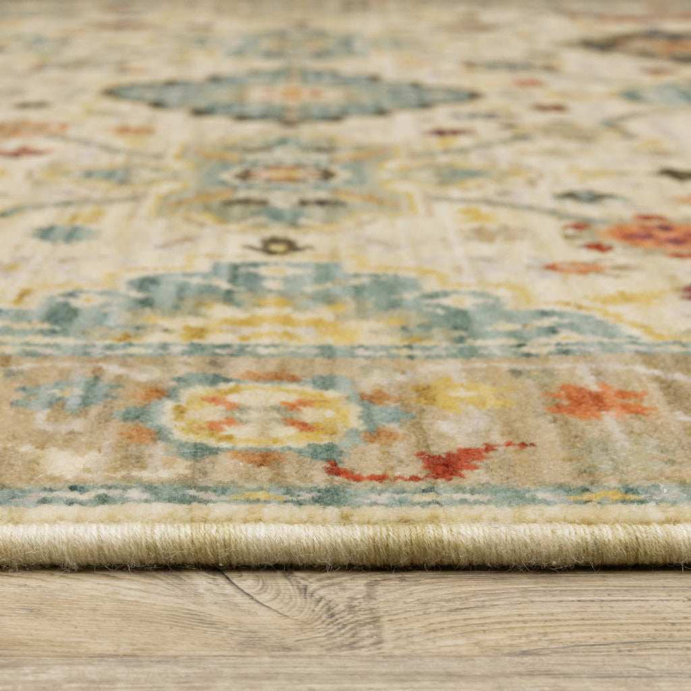 2' X 3' Beige Pale Blue Rust Gold Tan Brown And Orange Oriental Power Loom Stain Resistant Area Rug With Fringe - Homeroots - Flyclothing LLC