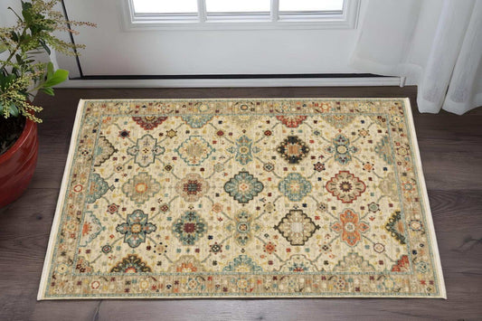 3' X 5' Beige Pale Blue Rust Gold Tan Brown And Orange Oriental Power Loom Stain Resistant Area Rug With Fringe - Homeroots - Flyclothing LLC