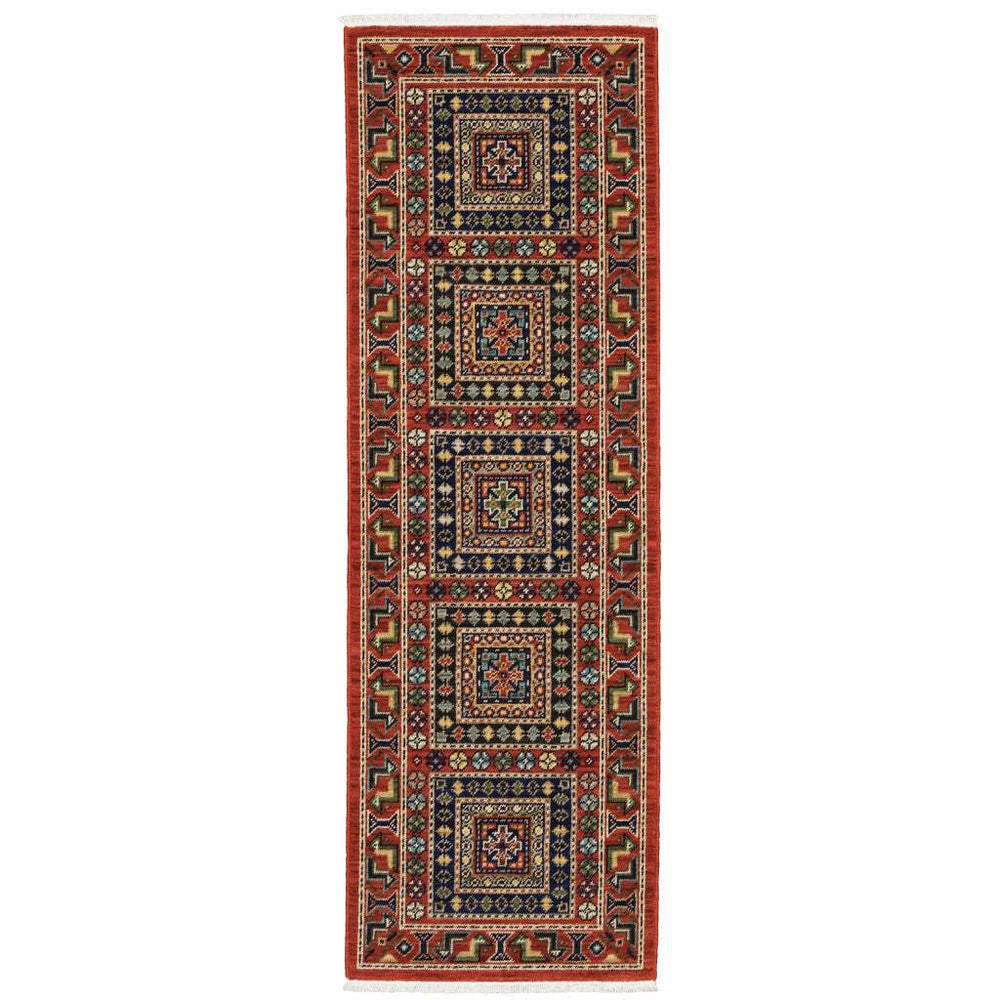 2' X 6' Red Blue Beige And Green Oriental Power Loom Stain Resistant Runner Rug With Fringe - Homeroots - Flyclothing LLC
