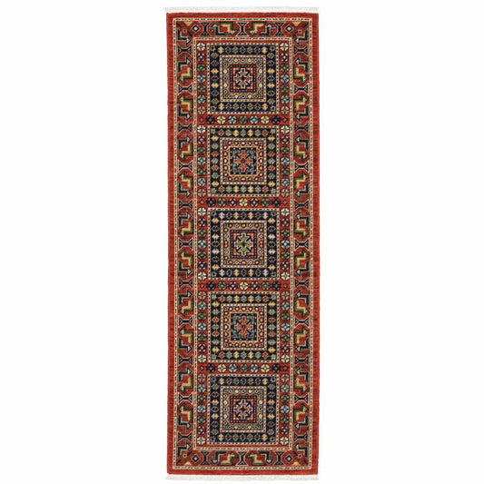 2' X 6' Red Blue Beige And Green Oriental Power Loom Stain Resistant Runner Rug With Fringe - Homeroots - Flyclothing LLC