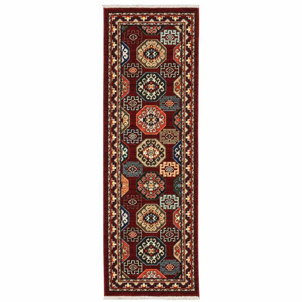 2' X 6' Red Blue Brown And Beige Oriental Power Loom Stain Resistant Runner Rug With Fringe - Homeroots - Flyclothing LLC