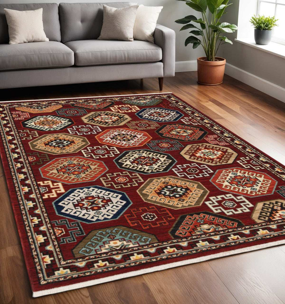 5' X 8' Red Blue Brown And Beige Oriental Power Loom Stain Resistant Area Rug With Fringe - Homeroots - Flyclothing LLC