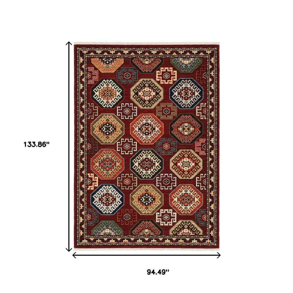 8' X 11' Red Blue Brown And Beige Oriental Power Loom Stain Resistant Area Rug With Fringe - Homeroots - Flyclothing LLC