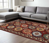 8' X 11' Red Blue Brown And Beige Oriental Power Loom Stain Resistant Area Rug With Fringe - Homeroots - Flyclothing LLC