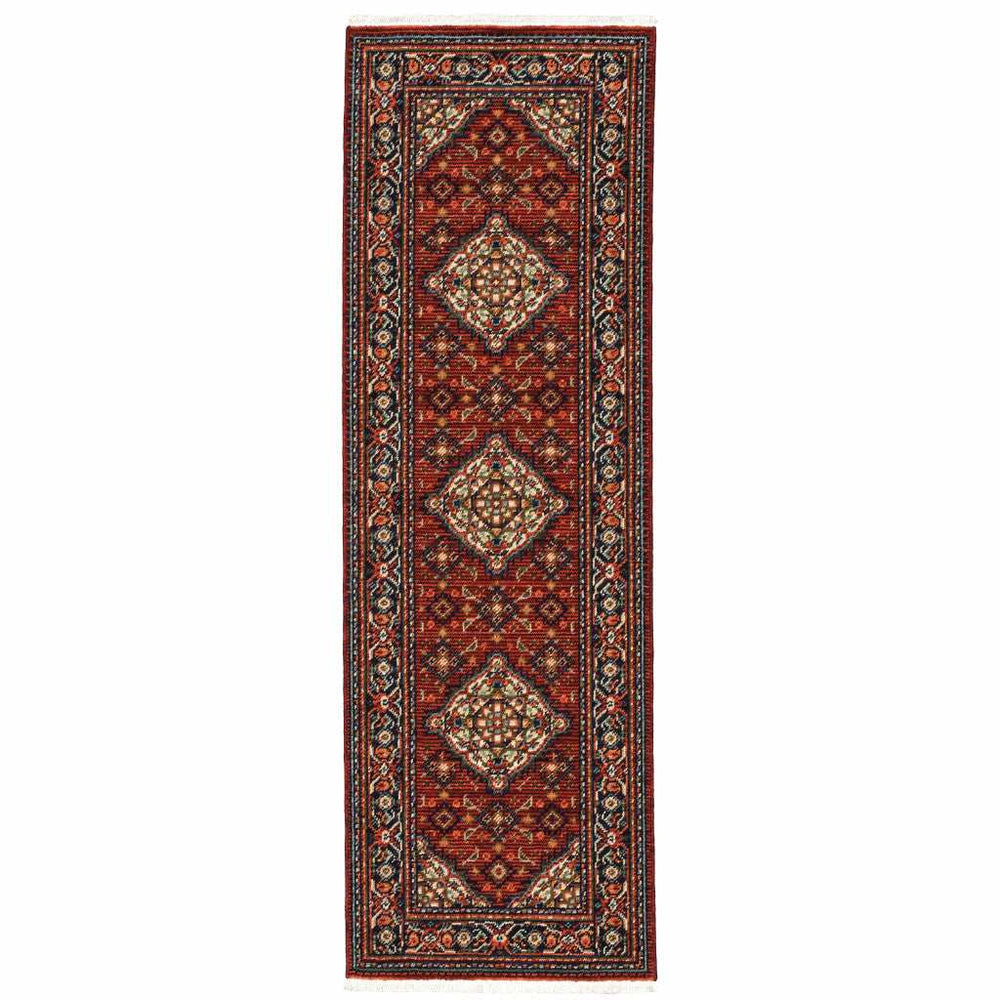 2' X 6' Red Blue Ivory And Orange Oriental Power Loom Stain Resistant Runner Rug With Fringe - Homeroots - Flyclothing LLC