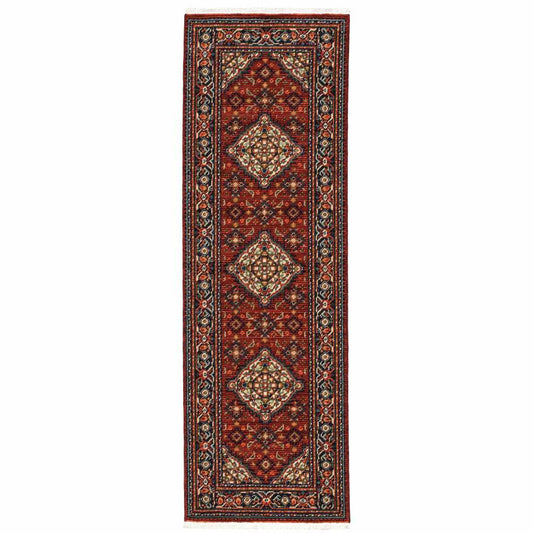 2' X 6' Red Blue Ivory And Orange Oriental Power Loom Stain Resistant Runner Rug With Fringe - Homeroots - Flyclothing LLC