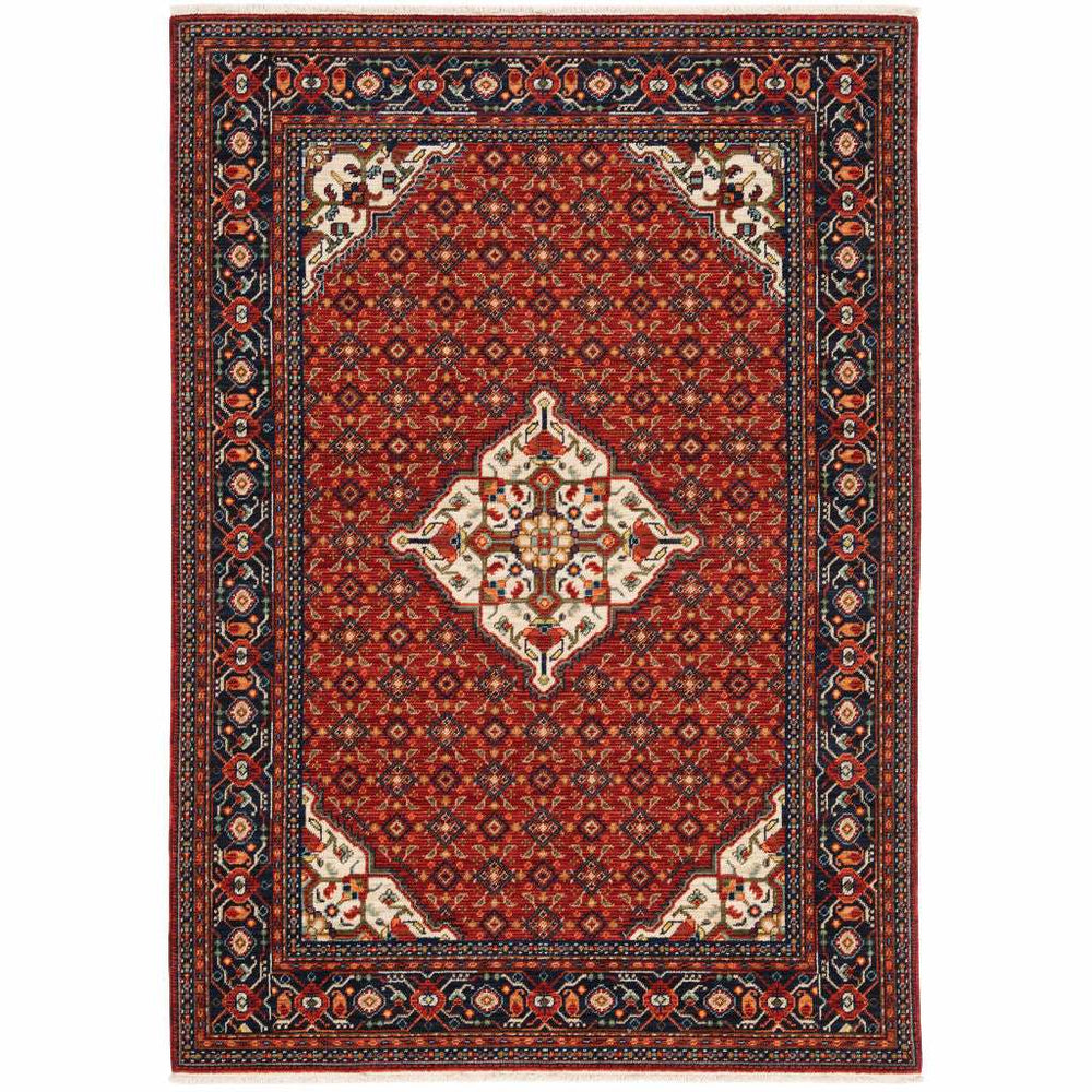 8' X 11' Red Blue Ivory And Orange Oriental Power Loom Stain Resistant Area Rug With Fringe - Homeroots - Flyclothing LLC