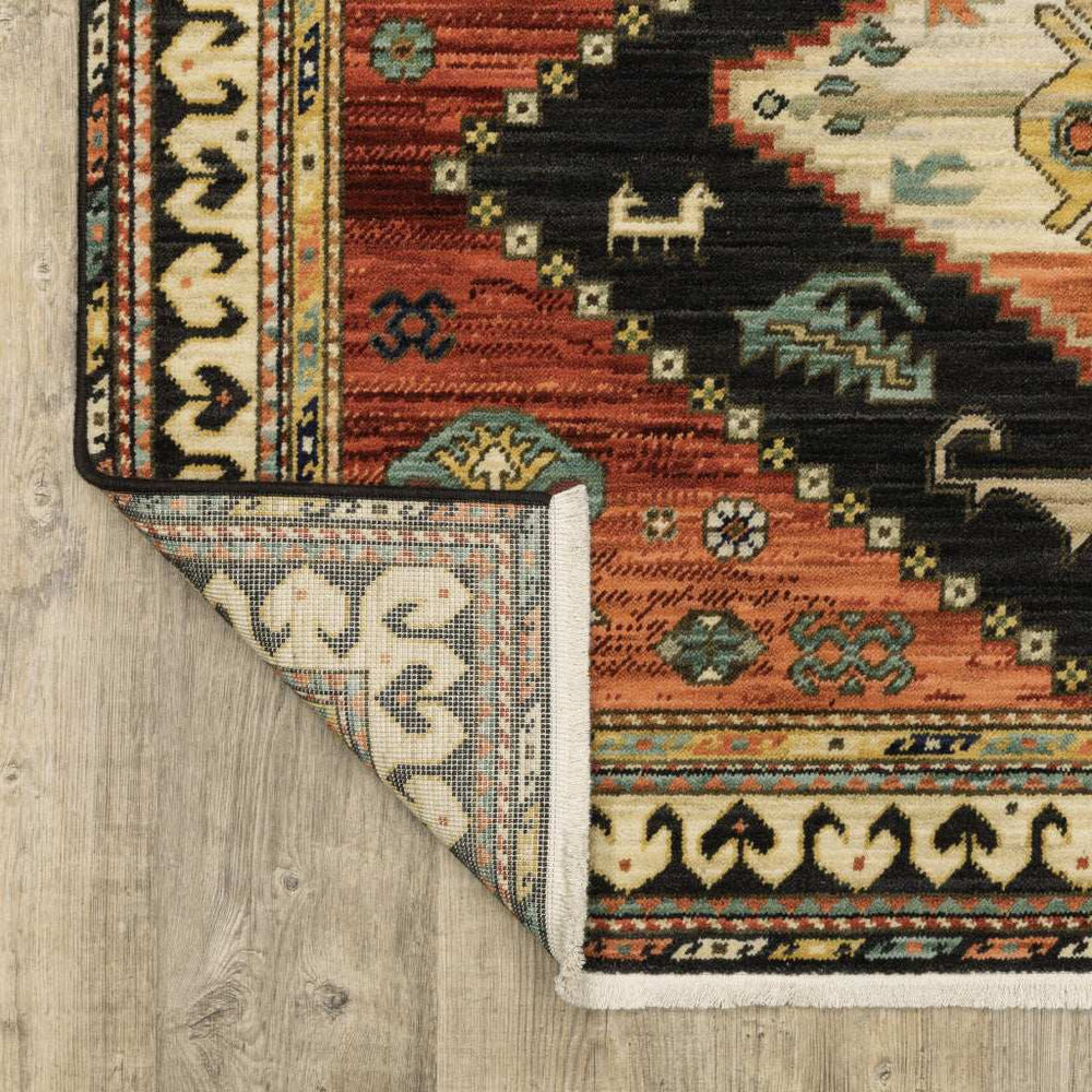 2' X 3' Charcoal Brown Orange Salmon Gold Navy Ivory And Pale Blue Oriental Power Loom Stain Resistant Area Rug With Fringe - Homeroots - Flyclothing LLC