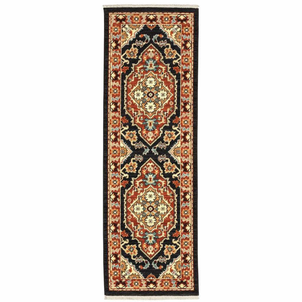 2' X 6' Black Orange And Beige Oriental Power Loom Stain Resistant Runner Rug With Fringe - Homeroots - Flyclothing LLC