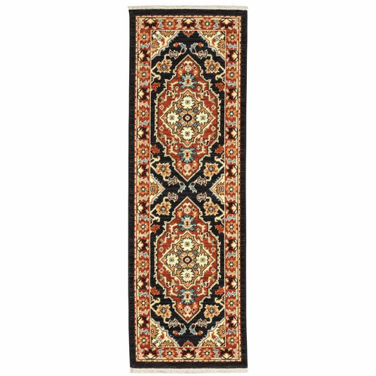 2' X 6' Black Orange And Beige Oriental Power Loom Stain Resistant Runner Rug With Fringe - Homeroots - Flyclothing LLC