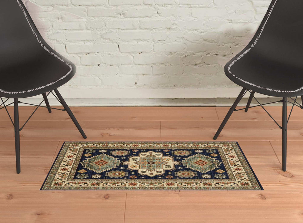 2' X 3' Navy Charcoal Orange Rust Gold Pale Blue Olive Beige And Salmon Oriental Power Loom Stain Resistant Area Rug With Fringe - Homeroots - Flyclothing LLC