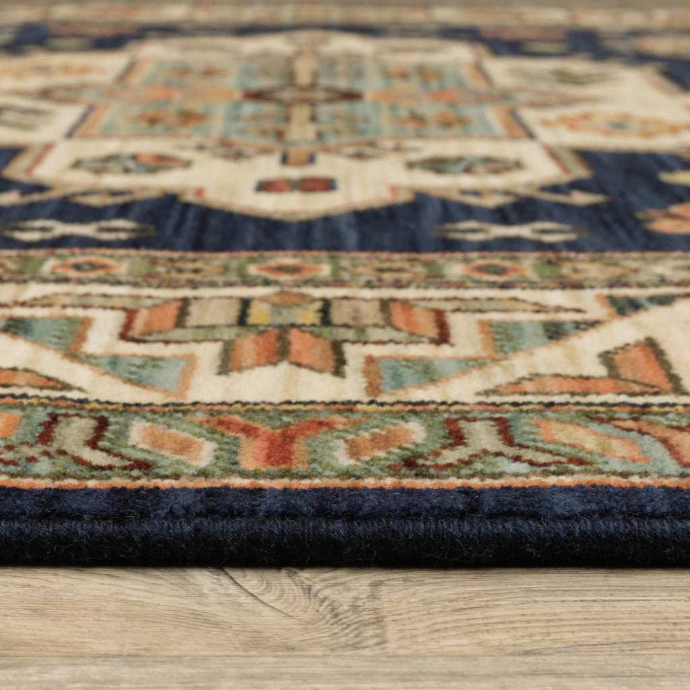 3' X 5' Navy Charcoal Orange Rust Gold Pale Blue Olive Beige And Salmon Oriental Power Loom Stain Resistant Area Rug With Fringe - Homeroots - Flyclothing LLC