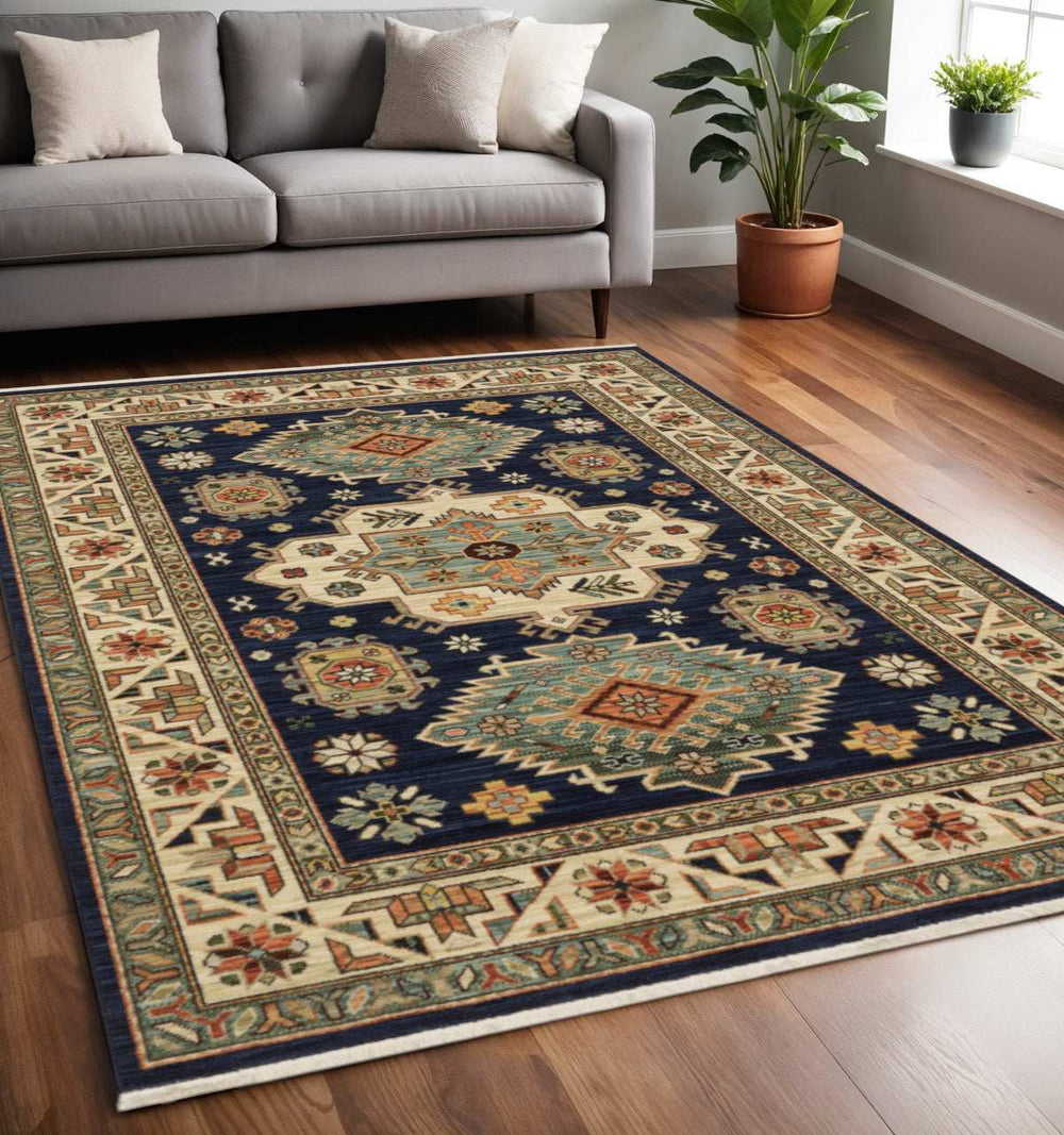 5' X 8' Navy Charcoal Orange Rust Gold Pale Blue Olive Beige And Salmon Oriental Power Loom Stain Resistant Area Rug With Fringe - Homeroots - Flyclothing LLC