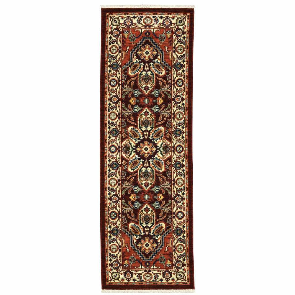 2' X 6' Red Ivory Orange And Blue Oriental Power Loom Stain Resistant Runner Rug With Fringe - Homeroots - Flyclothing LLC