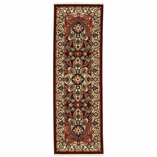 2' X 6' Red Ivory Orange And Blue Oriental Power Loom Stain Resistant Runner Rug With Fringe - Homeroots - Flyclothing LLC