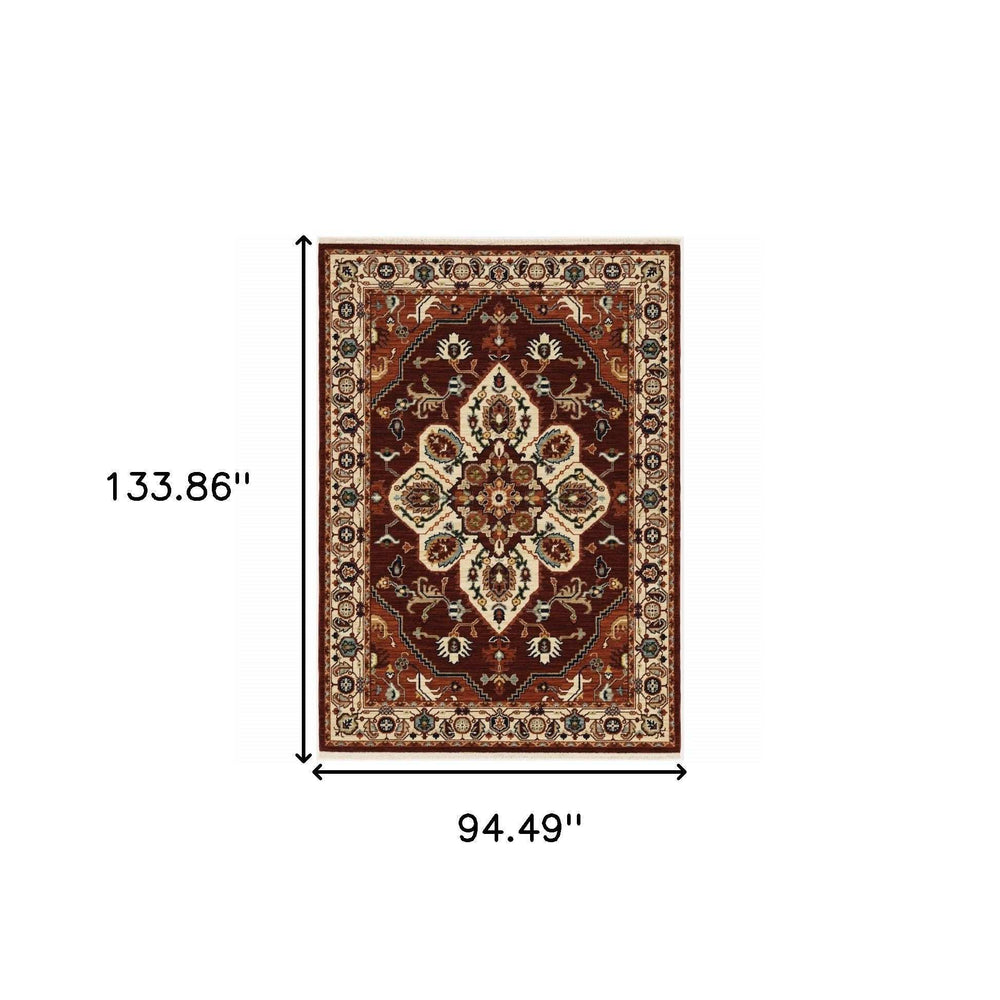 8' X 11' Red Ivory Orange And Blue Oriental Power Loom Stain Resistant Area Rug With Fringe - Homeroots - Flyclothing LLC