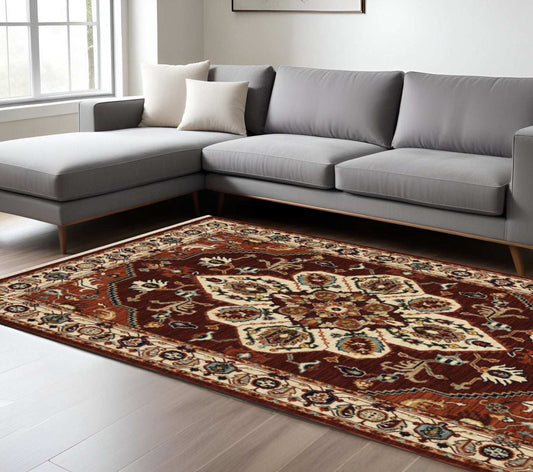 8' X 11' Red Ivory Orange And Blue Oriental Power Loom Stain Resistant Area Rug With Fringe - Homeroots - Flyclothing LLC