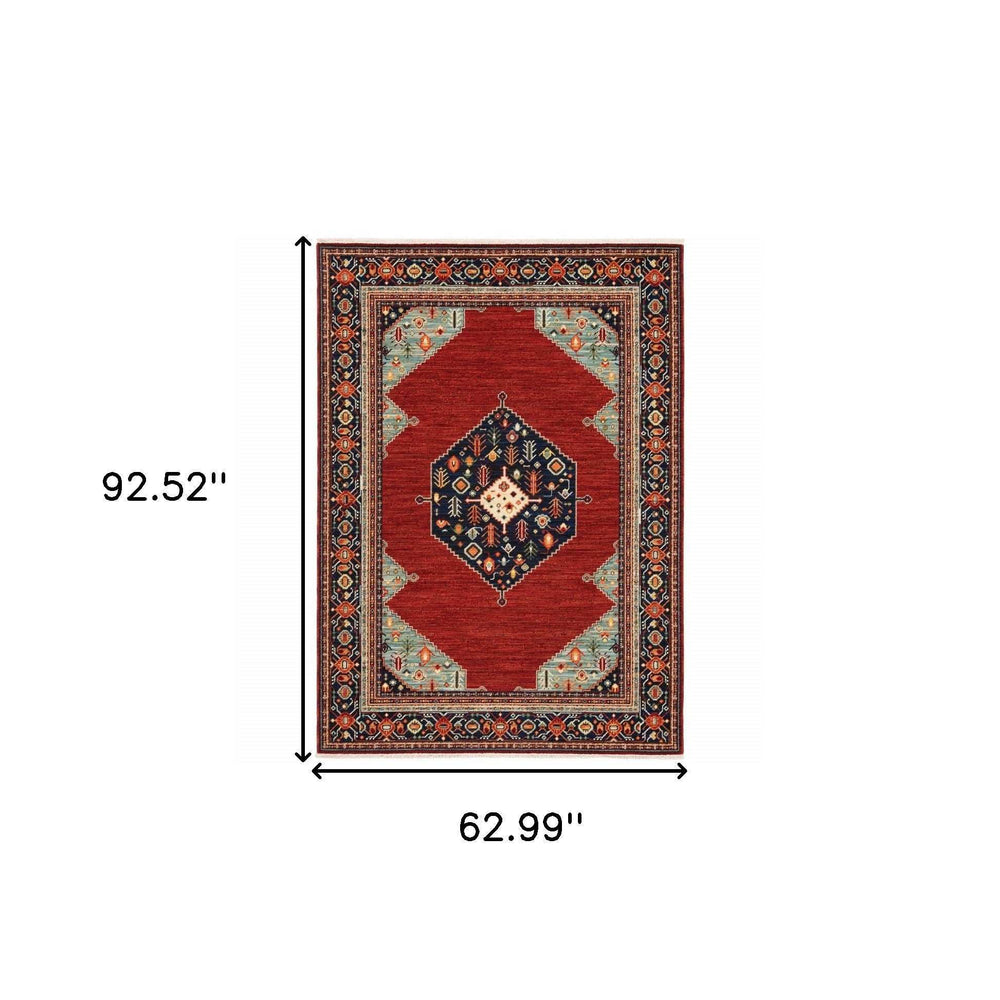 5' X 8' Red Blue Orange And Ivory Oriental Power Loom Stain Resistant Area Rug With Fringe - Homeroots - Flyclothing LLC