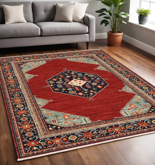 5' X 8' Red Blue Orange And Ivory Oriental Power Loom Stain Resistant Area Rug With Fringe - Homeroots - Flyclothing LLC