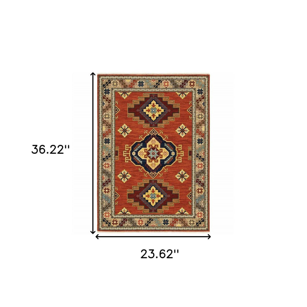 2' X 3' Red and Gold Oriental Power Loom Area Rug - Homeroots - Flyclothing LLC