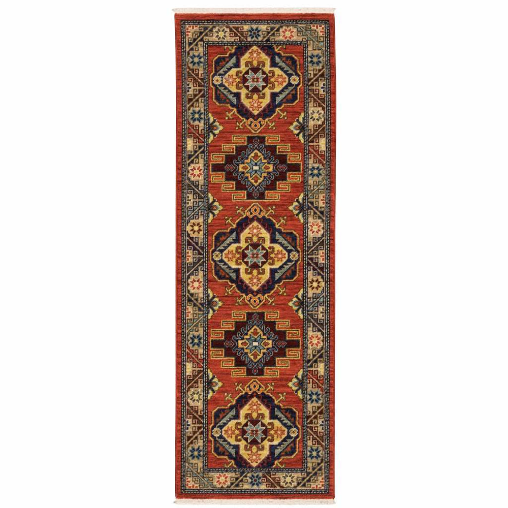 2' X 6' Red Gold Blue Brown Oriental Power Loom Stain Resistant Runner Rug With Fringe - Homeroots - Flyclothing LLC