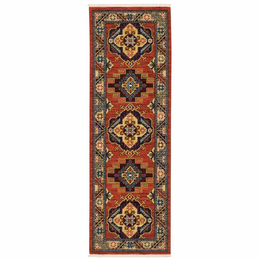 2' X 6' Red Gold Blue Brown Oriental Power Loom Stain Resistant Runner Rug With Fringe - Homeroots - Flyclothing LLC