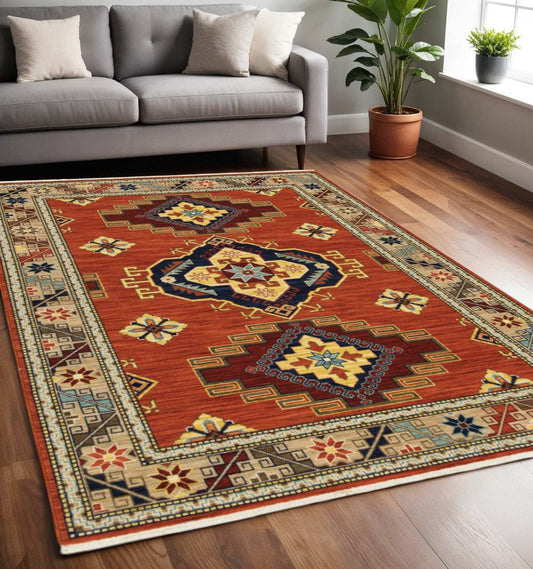5' X 8' Red and Gold Oriental Power Loom Area Rug - Homeroots - Flyclothing LLC