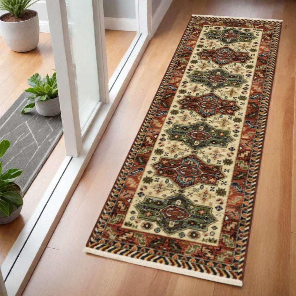 6' Red Blue and White Oriental Power Loom Runner Rug - Homeroots - Flyclothing LLC