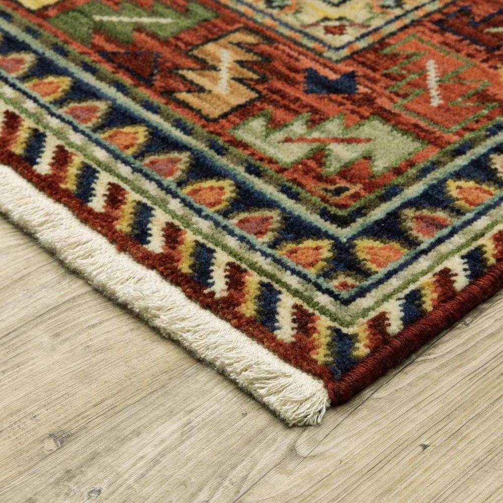 3' X 5' Brick Red Orange Rust Beige Gold Pale Blue Olive Navy And Black Oriental Power Loom Stain Resistant Area Rug With Fringe - Homeroots - Flyclothing LLC