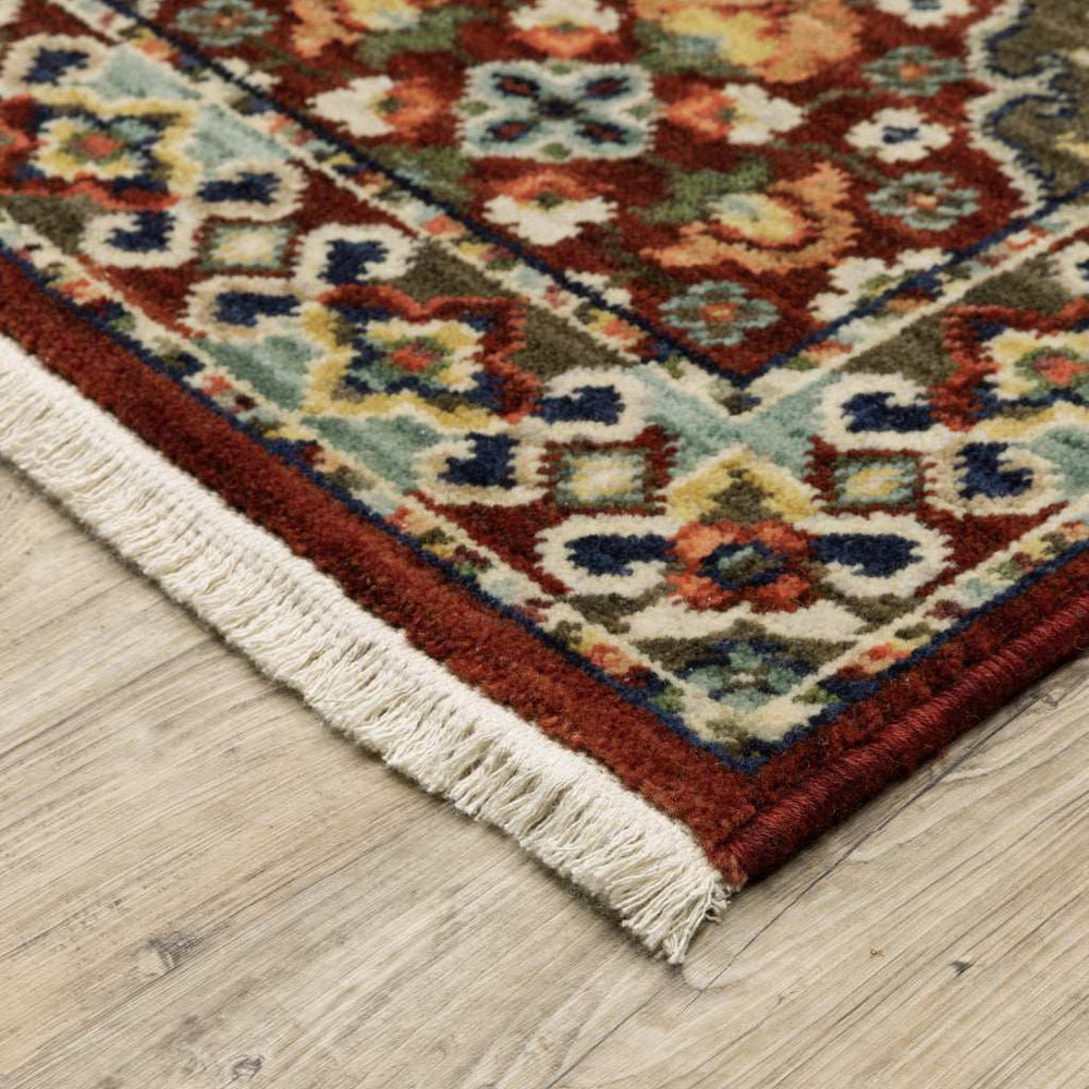 2' X 3' Red Rust Navy Light Blue Brown Orange Ivory And Gold Oriental Power Loom Stain Resistant Area Rug With Fringe - Homeroots - Flyclothing LLC