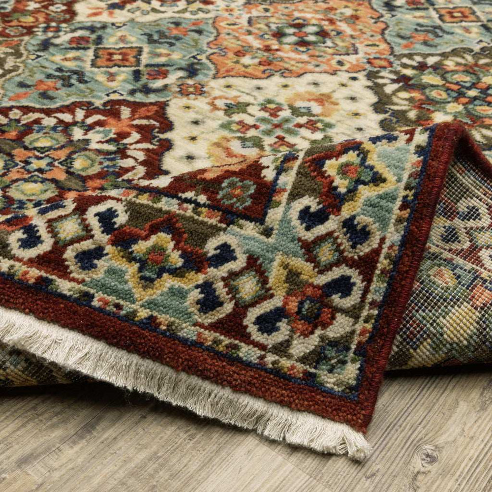 2' X 3' Red Rust Navy Light Blue Brown Orange Ivory And Gold Oriental Power Loom Stain Resistant Area Rug With Fringe - Homeroots - Flyclothing LLC