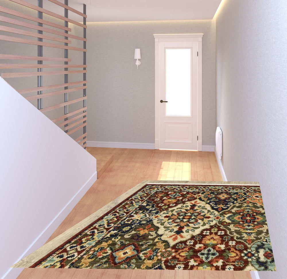 2' X 6' Red Rust Navy Light Blue Brown Orange Ivory And Gold Oriental Power Loom Stain Resistant Runner Rug With Fringe - Homeroots - Flyclothing LLC