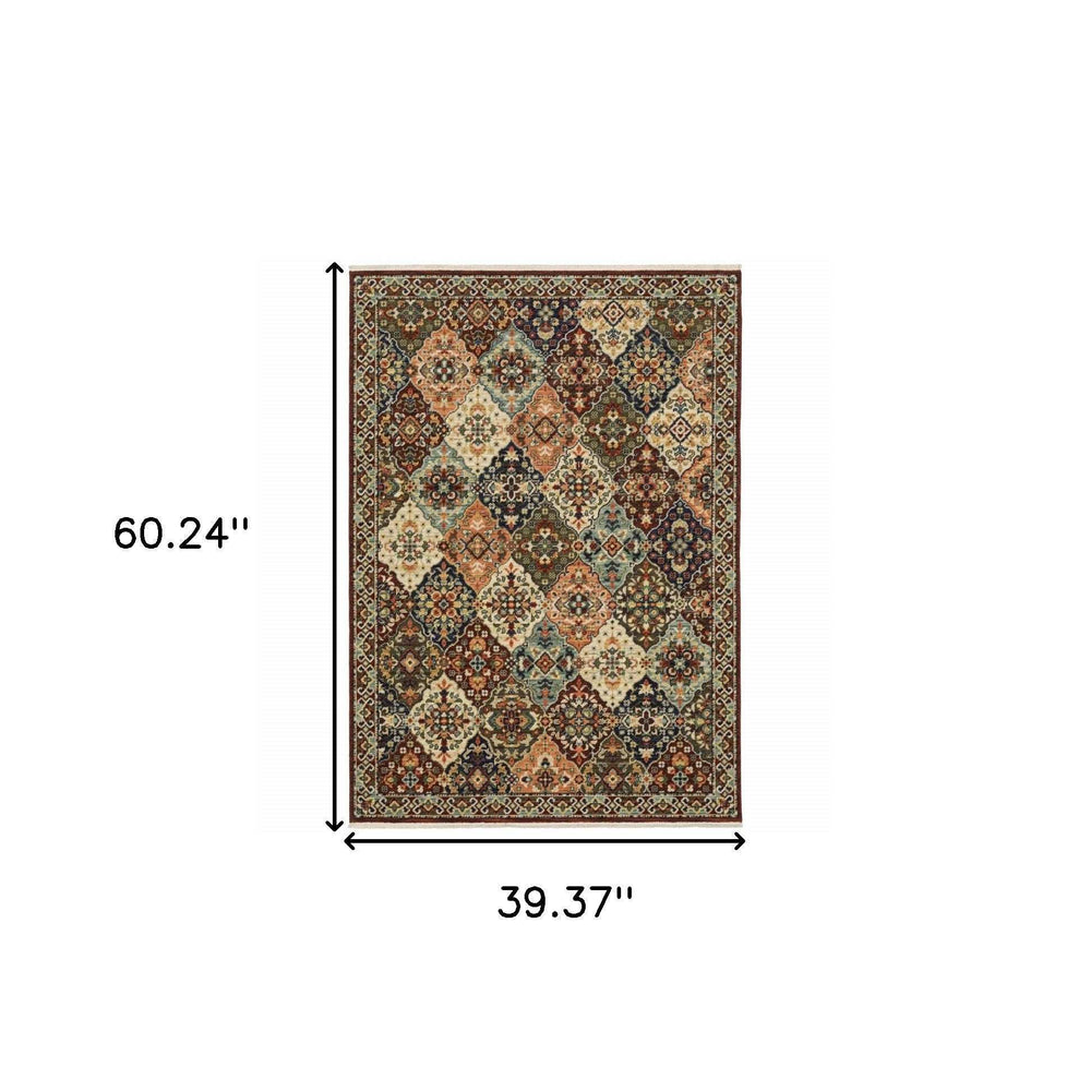 3' X 5' Red Rust Navy Light Blue Brown Orange Ivory And Gold Oriental Power Loom Stain Resistant Area Rug With Fringe - Homeroots - Flyclothing LLC