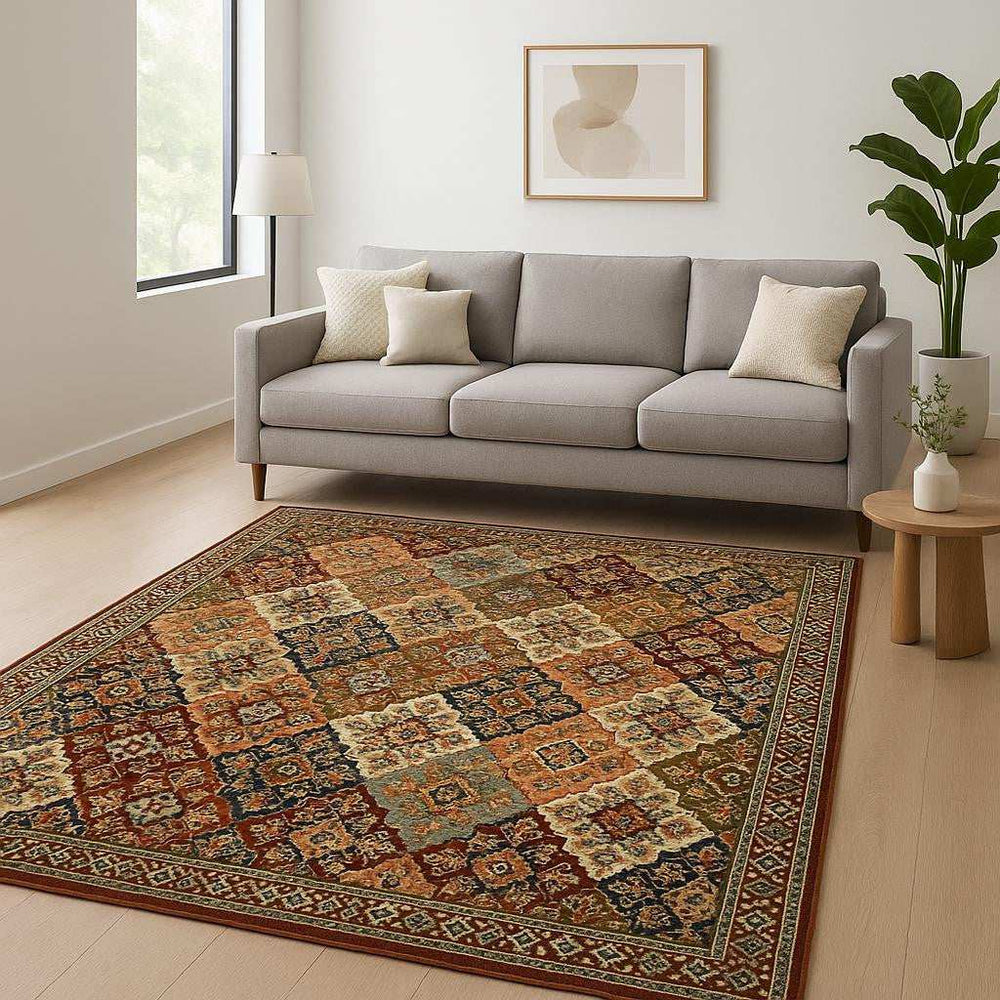 6' X 9' Red Rust Navy Light Blue Brown Orange Ivory And Gold Oriental Power Loom Stain Resistant Area Rug With Fringe - Homeroots - Flyclothing LLC