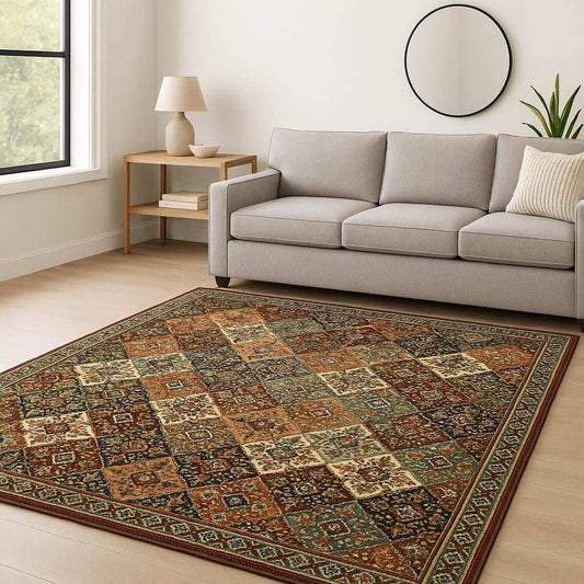 8' X 11' Red Rust Navy Light Blue Brown Orange Ivory And Gold Oriental Power Loom Stain Resistant Area Rug With Fringe - Homeroots - Flyclothing LLC